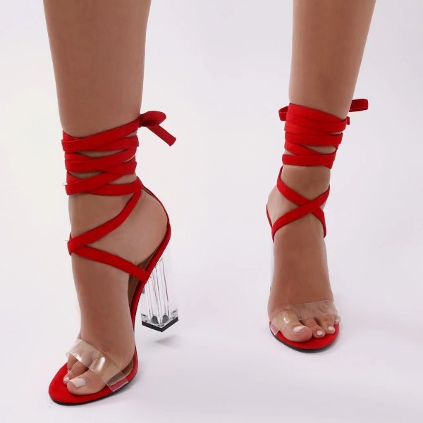 Hun Clear Perspex Lace Up Heels in Red Faux Suede