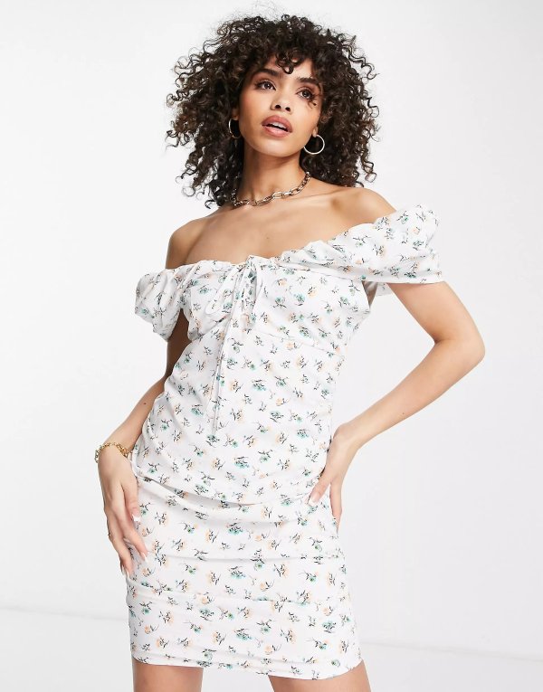 bardot puff tie front floral mini dress in white