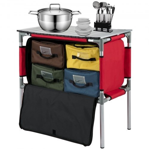 VEVOR Camping Kitchen Table, Aluminum Portable Folding Station with 4 Storage, 4 Detachable Legs and Carry Bag, Quick Installation for Outdoor Picnic Beach Party Cooking, Red | VEVOR US
