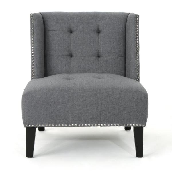 Takara Tufted Dark Gray Fabric Wingback Slipper Chair with Stud Accents
