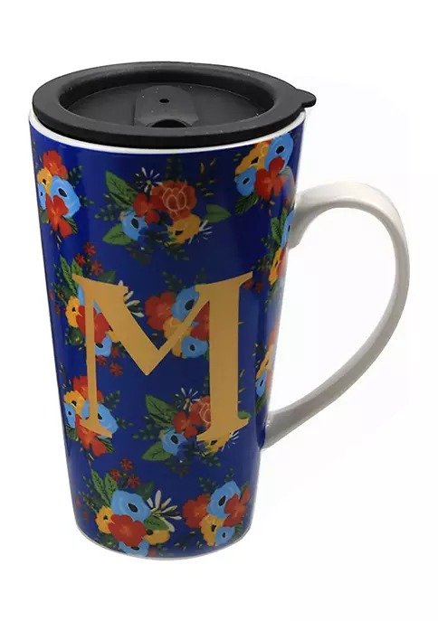 Monogram M Navy Floral Boxed Latte Mug with Lid