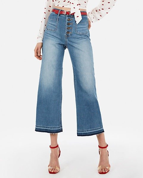 High Waisted Button Fly Wide Leg Cropped Jeans