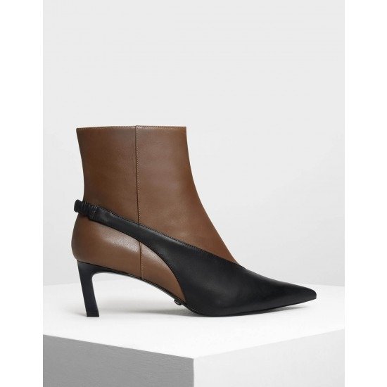Cognac Slingback Effect Leather Ankle Boots | CHARLES & KEITH