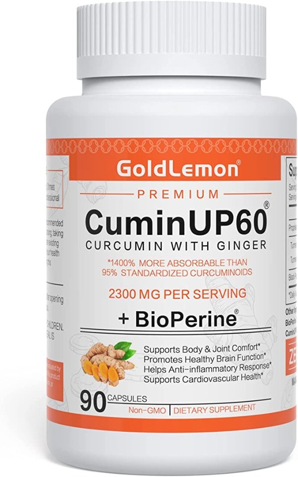 Turmeric Curcumin with Ginger & Black Pepper Supplement,GoldLemon BioPerine & CuminUP60 1400% More Absorbable Than 95% Standardized Curcuminoids-2300 MG-Gluten-Free,Non-GMO,No Side Effects-90 Capsules
