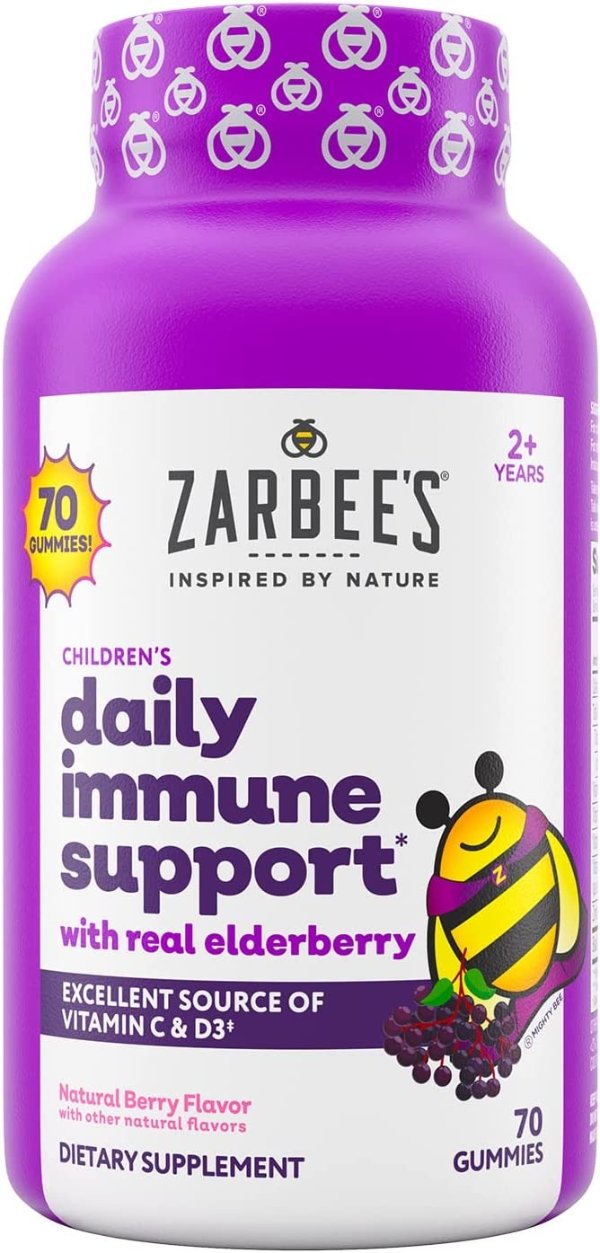 Zarbee's Children's Elderberry Immune Support Gummies with Vitamin C, Zinc, Natural Berry Flavor, 70 Count