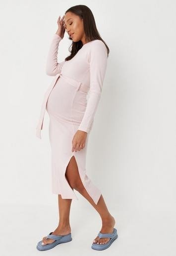 Missguided - Pink Rib Belted Maternity Midaxi Dress