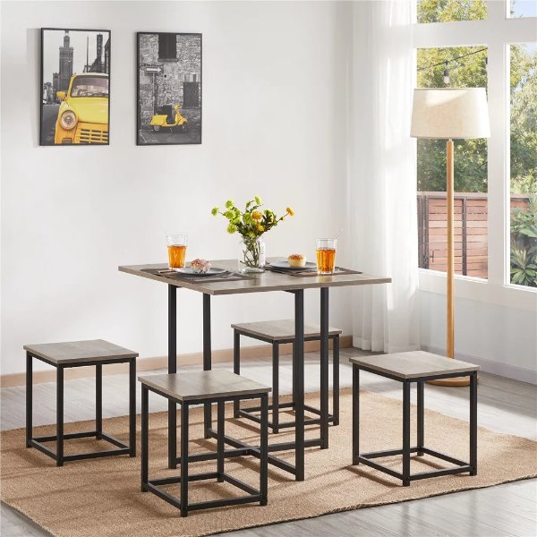 5Pcs Dining Set with Industrial Square Table and 4 Backless Chairs, Gray