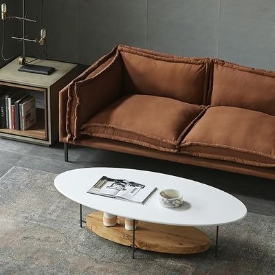 39" Modern White & Natural Oval Coffee Table with Storage Shelf Light Wood and Metal-Homary