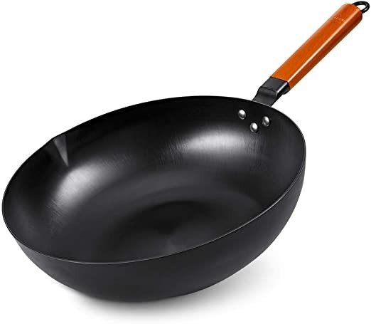 LIGHT Wok Pan, No Chemical Stir Fry Pan 13-inch, 100% Carbon Steel Chinese Iron Pot with Detachable Wooden Handle, Scratch Resistant Flat Bottom, No Nonstick Coating, Induction Compatible