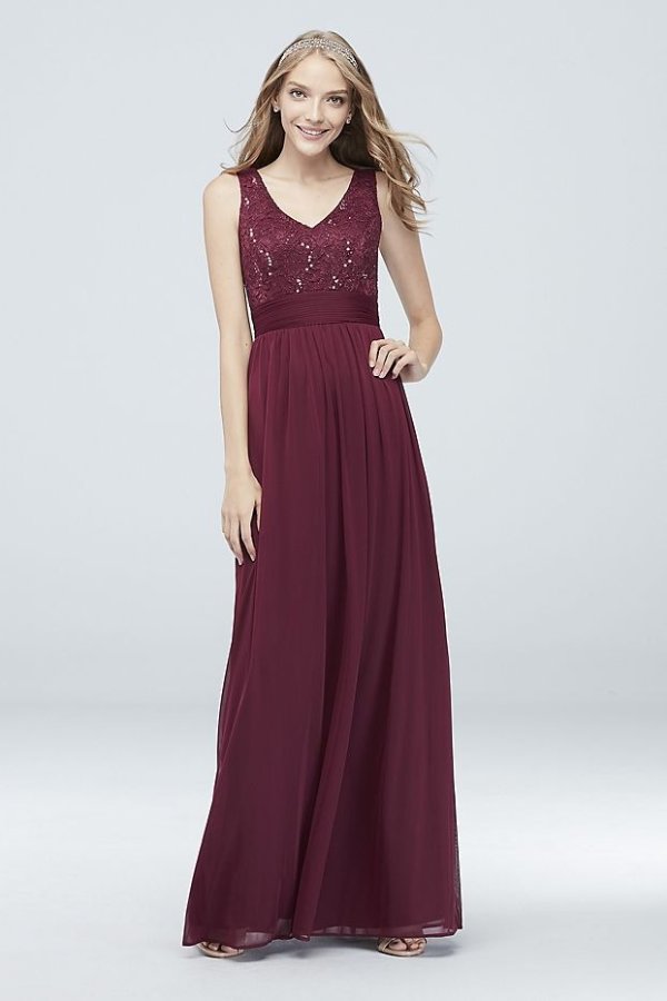 Mesh and Sequin Lace Dress with Pleated Waist