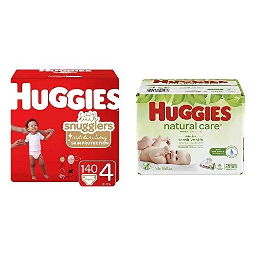 Brand Bundle –Little Snugglers Baby Diapers, Size 4, 140 Ct &Natural Care Unscented Baby Wipes, Sensitive, 6 Disposable Flip-Top Packs - 288 Total Wipes (Packaging May Vary)