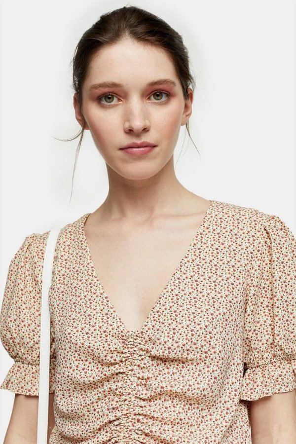 Ditsy Print Ruched Top