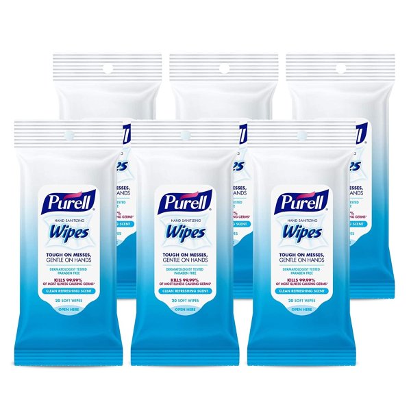 PURELL Hand Sanitizing Wipes, Clean Refreshing Scent, 20 Count Travel Pack (Pack of 6)