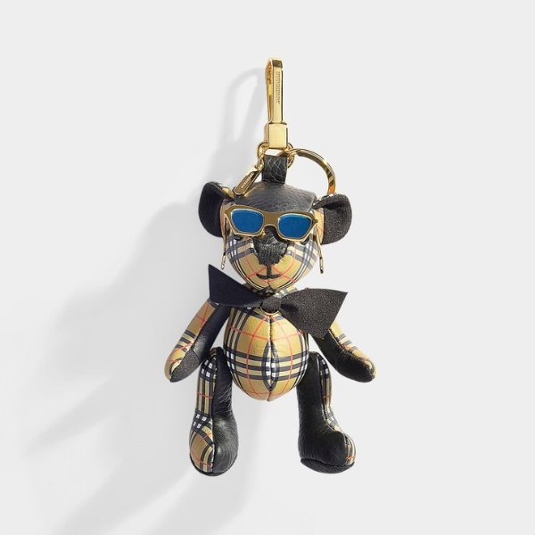 Thomas Bear Mini Check Bag Charm in Black and Antique Yellow Cashmere