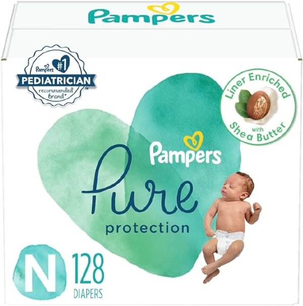 Diapers Size 0, 128 Count - Pampers Pure Protection Disposable Baby Diapers, Hypoallergenic and Unscented Protection, Enormous Pack (Packaging May Vary)
