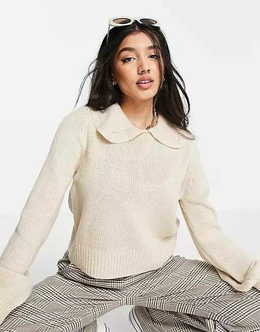 lexa long sleeve knitted sweater with collar in cream