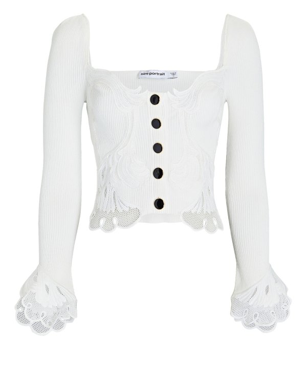 Embroidered Lace Rib-Knit Cardigan