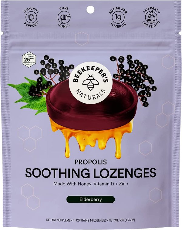B.Soothed Honey Elderberry Cough Drops, Immune Support with Vitamin D, Zinc and Propolis, Throat Soothing Lozenges, 14 Fl Oz