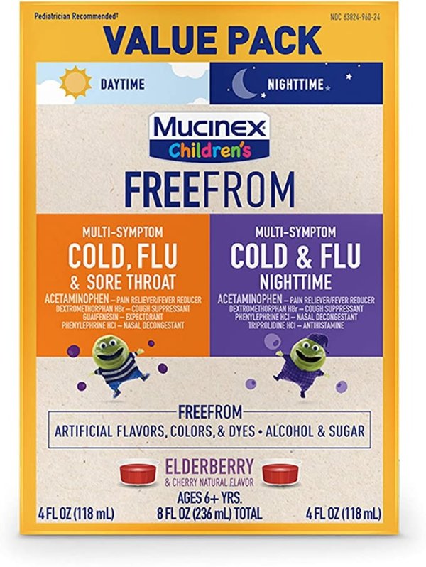Children's FreeFrom Multi-Symptom Cold, Flu and Sore Throat and Cold and Flu Nighttime, Bundle Value Pack, Elderberry and Cherry Natural Flavor, 2 x 4 FL OZ