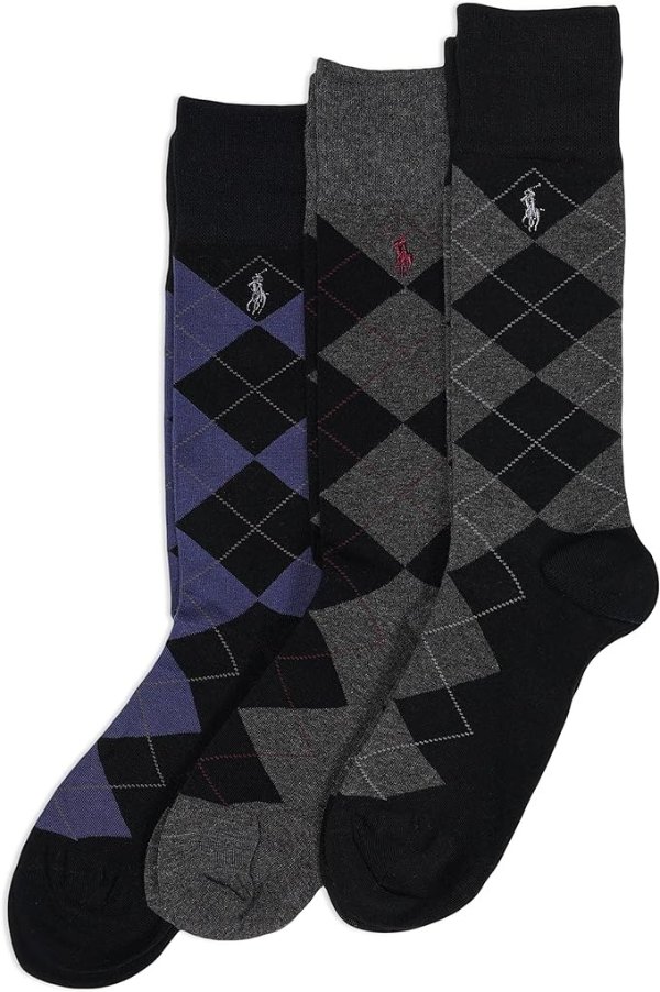 Men's Argyle Pattern Dress Crew Socks-3 Pair Pack-Soft Lightweight Cotton Comfort