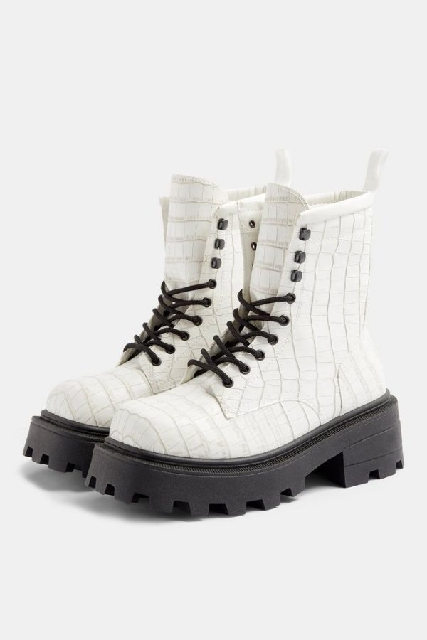 BAE White Croc Square Toe Chunky Lace Up Boots