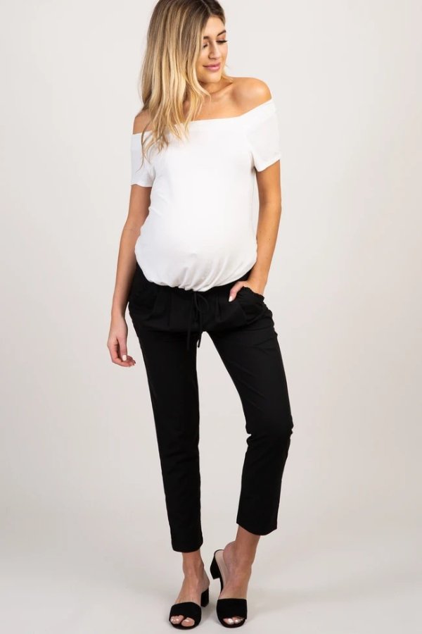 Black Pleated Ruffle Accent Maternity Pants