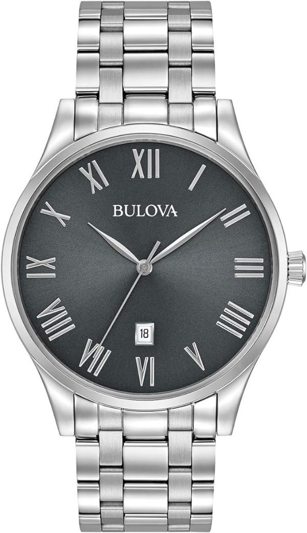 Men's Classic Stainless Steel 3-Hand Date Calendar Quartz Watch, Grey Dial with Roman Numeral Markers Style: 96B261