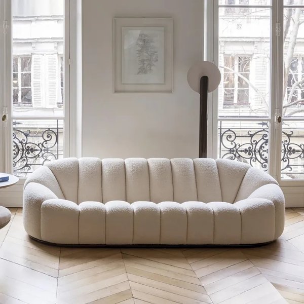 83" Modern Oval Boucle White Upholstered 3-Seater Sofa-Homary