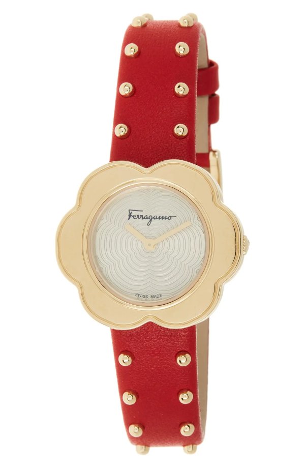 Fiore Flower Case Leather Strap Watch, 30mm