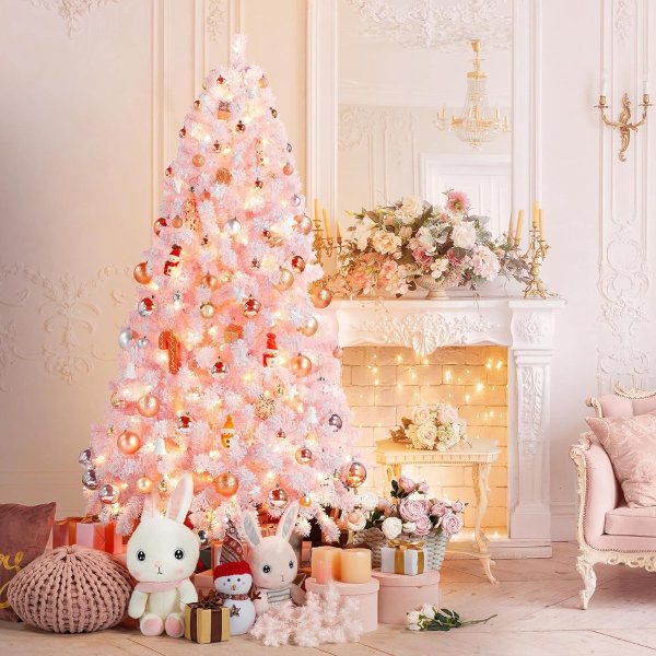 6ft粉色植绒带灯圣诞树