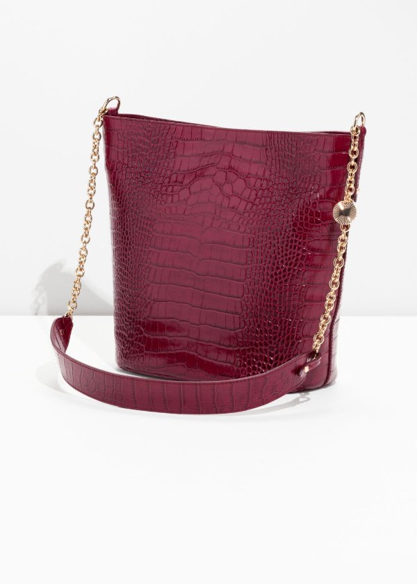 Leather Bucket Bag - Burgundy Embossed Snake - Bucketbags - & Other Stories US