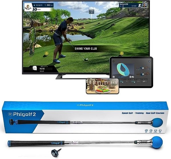 PHIGOLF Phigolf2 Golf Simulator with Swing Stick for Indoor & Outdoor Use, Golf Swing Trainer with Upgraded Motion Sensor & 3D Swing Analysis, Compatible WGT/E6 Connect APP, Works with Smartdevices