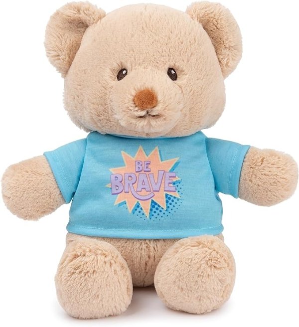 “Be Brave” Sustainable Message Bear with Blue T-Shirt, Teddy Bear Made from 100% Recycled Materials for Ages 1 and Up, Tan, 12”