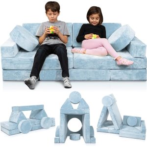 LX15 14pcs Modular Kids Play Couch, Child Sectional Sofa, Fortplay Bedroom and Playroom Furniture for Toddlers, Convertible Foam and Floor Cushion for Boys and Girls, Blue