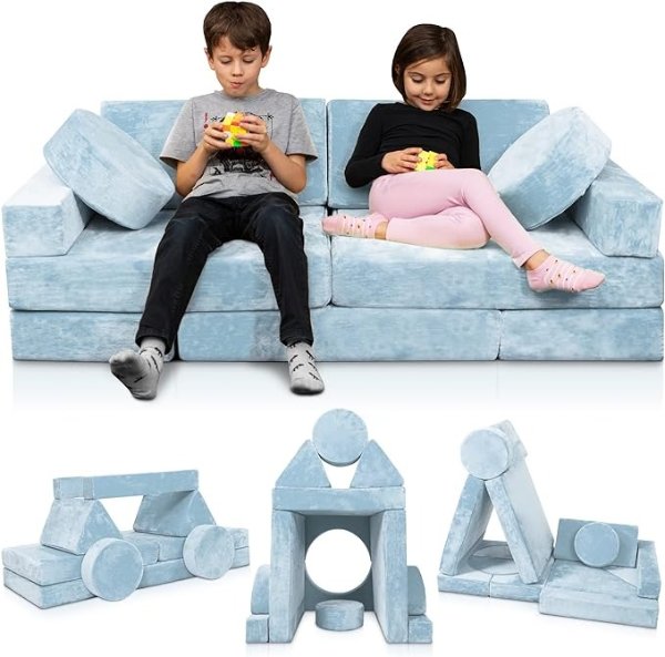 LX15 14pcs Modular Kids Play Couch, Child Sectional Sofa, Fortplay Bedroom and Playroom Furniture for Toddlers, Convertible Foam and Floor Cushion for Boys and Girls, Blue