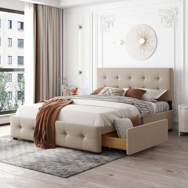 Classic Queen Size Platform Bed with Headboard and 4 Drawers - Grey Beige