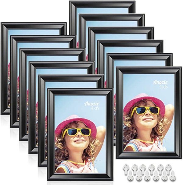 Anozie 4X6 Picture Frames(12 Pack,Black) Simple Line Moulding Photo Frame Set with HD Real Glass for Tabletop or Wall Mount Display, Minimalist Collection (Black, 4X6)