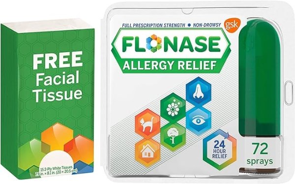 Allergy Relief Metered Nasal Spray, 24 Hour Non Drowsy Medicine, 72 Sprays + Bonus Pack of Tissues