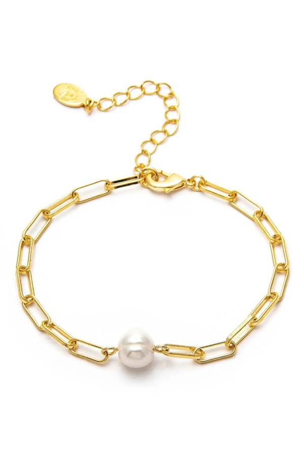 18K Yellow Gold Clad 8-8.5mm Freshwater Pearl Paperclip Chain Bracelet