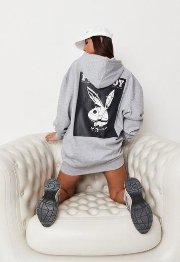 - Playboy xGray Oversized Bunny Print Hoodie Dress