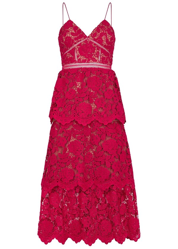 Red floral guipure lace midi dress