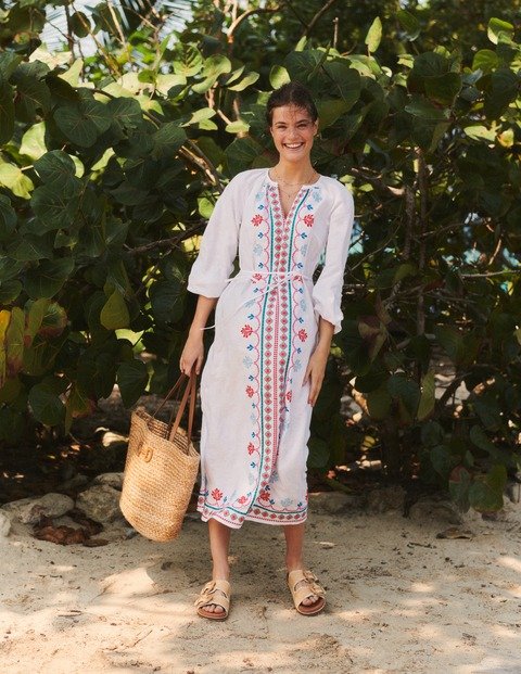 Embroidered Belted Linen DressWhite, Multi