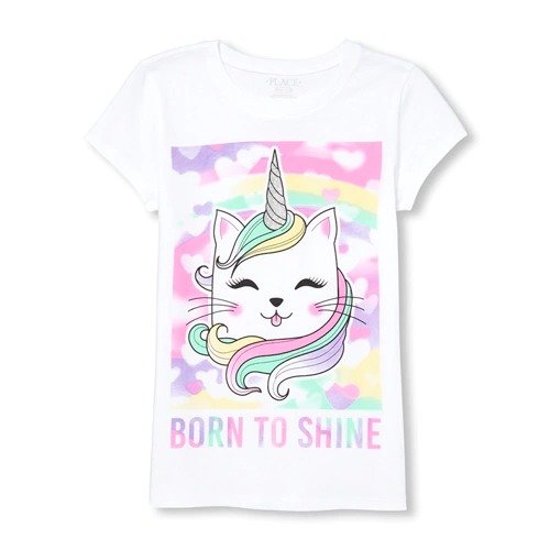 Girls Short Sleeve 'Born To Shine' Caticorn Graphic Tee