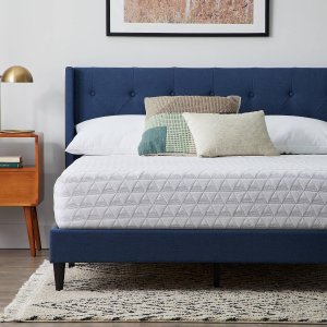 Rest Haven Linen Inspired Diamond Tufted Wingback Upholstered Bed, King, Navy