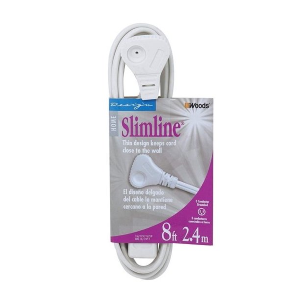SlimLine 2241 16/3 Flat Plug Indoor Extension Cord, 8-Foot, Right Angled Plug, UL Listed