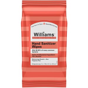 Williams Hand Sanitizer Wipes with Moisturizing Gylcerin + Aloe, Fragrance Free, 20 Wipes