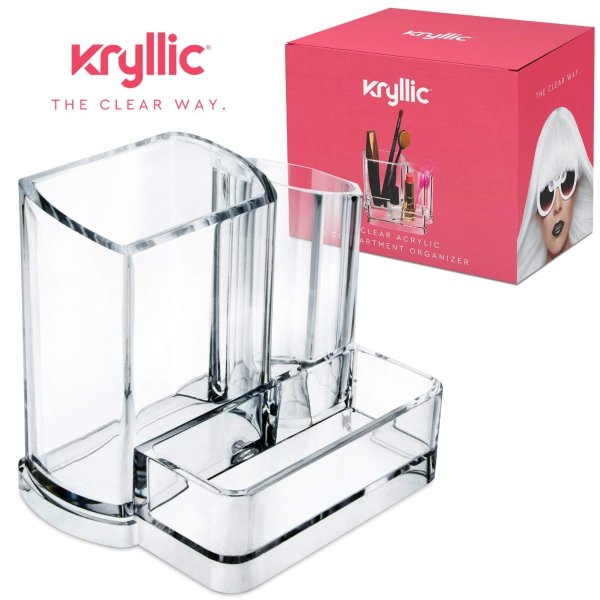 Acrylic Bathroom Office Accessories Holder - Clear 3 compartment vanity cosmetic storage organizer for toothbrushes jewelry makeup brush lipstick pens pencils scissors & business card desk supplies!