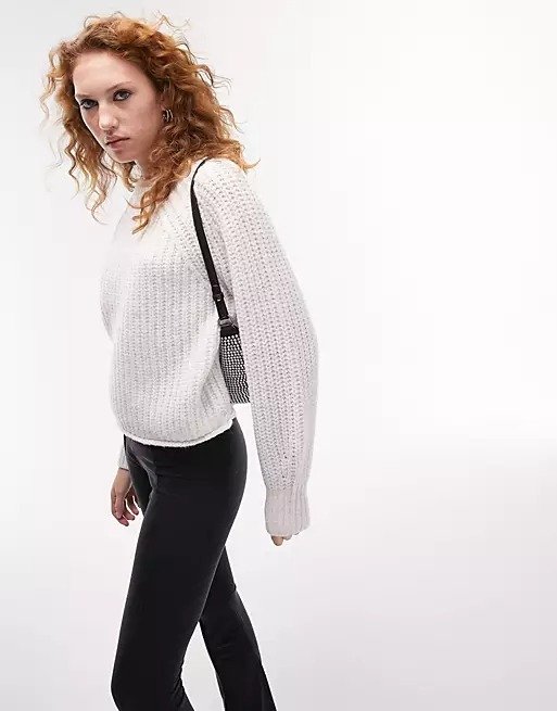 knitted rolled hem sweater in neutral
