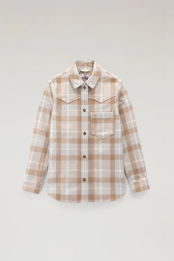 Western Check Overshirt in Wool Blend Flannel Camel Check