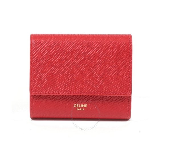 Ladies Red Small Trifold Wallet in Grained Calfskin